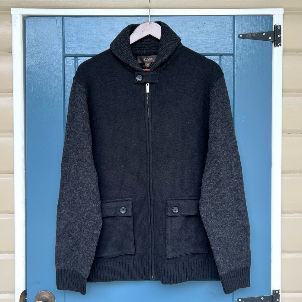 Tasso Elba 100% LambsWool Men's Black and Gray Zip-Up Sweater Size Large
